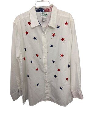 Quacker Factory Womens Patriotic Star Button-Up Shirt Size 2X White Red & Blue S
